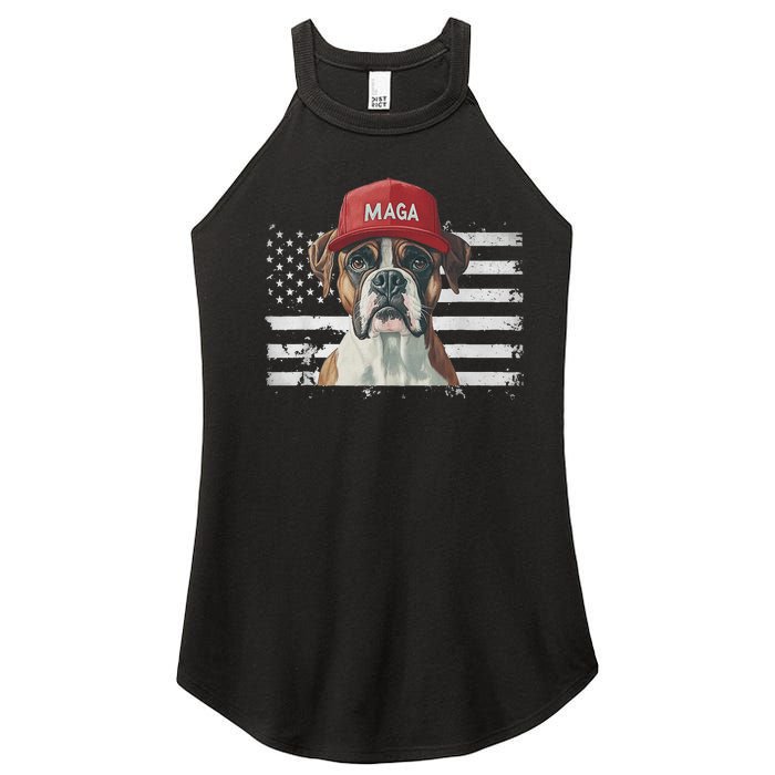 Boxer Dog Wearing Maga Hat American Flag Dogs For Trump Women's Perfect Tri Rocker Tank