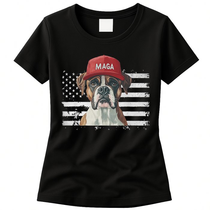 Boxer Dog Wearing Maga Hat American Flag Dogs For Trump Women's T-Shirt