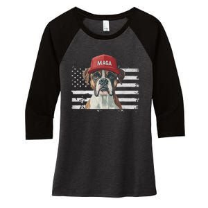 Boxer Dog Wearing Maga Hat American Flag Dogs For Trump Women's Tri-Blend 3/4-Sleeve Raglan Shirt