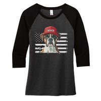 Boxer Dog Wearing Maga Hat American Flag Dogs For Trump Women's Tri-Blend 3/4-Sleeve Raglan Shirt