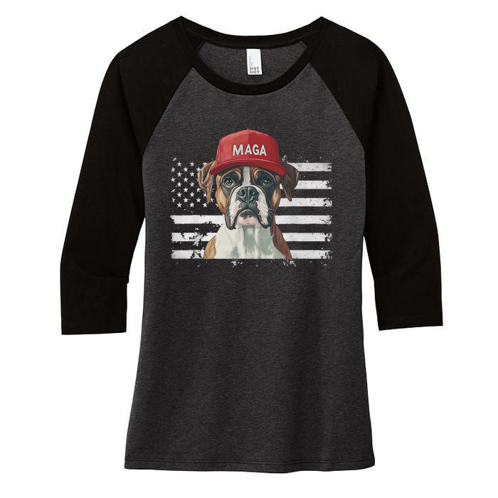 Boxer Dog Wearing Maga Hat American Flag Dogs For Trump Women's Tri-Blend 3/4-Sleeve Raglan Shirt