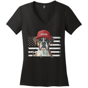 Boxer Dog Wearing Maga Hat American Flag Dogs For Trump Women's V-Neck T-Shirt