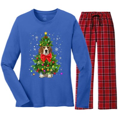 Beagle Dog Xmas Decoration Santa Christmas Tree Gift Women's Long Sleeve Flannel Pajama Set 