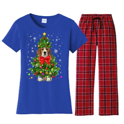 Beagle Dog Xmas Decoration Santa Christmas Tree Gift Women's Flannel Pajama Set