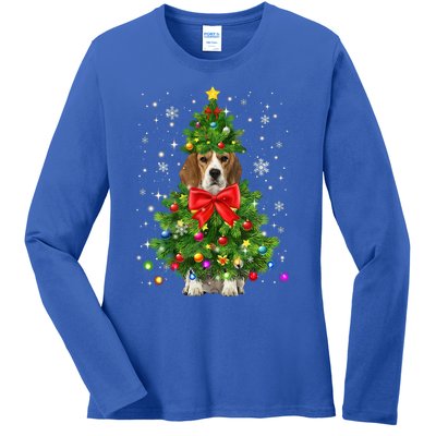 Beagle Dog Xmas Decoration Santa Christmas Tree Gift Ladies Long Sleeve Shirt