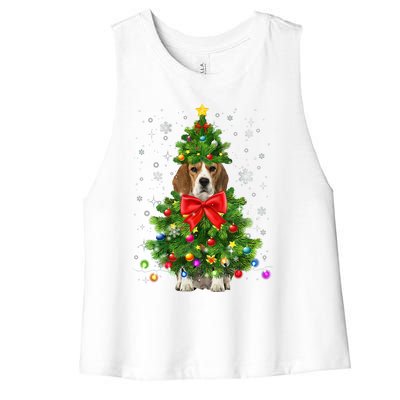 Beagle Dog Xmas Decoration Santa Christmas Tree Gift Women's Racerback Cropped Tank