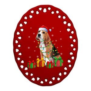 Beagle Dog Xmas Lighting Santa Hat Beagle Christmas Gift Ceramic Oval Ornament