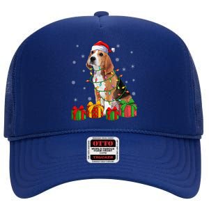 Beagle Dog Xmas Lighting Santa Hat Beagle Christmas Gift High Crown Mesh Back Trucker Hat