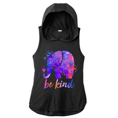 Be Kind Colorful Painted Elephant Ladies PosiCharge Tri-Blend Wicking Draft Hoodie Tank