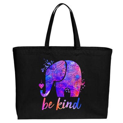 Be Kind Colorful Painted Elephant Cotton Canvas Jumbo Tote