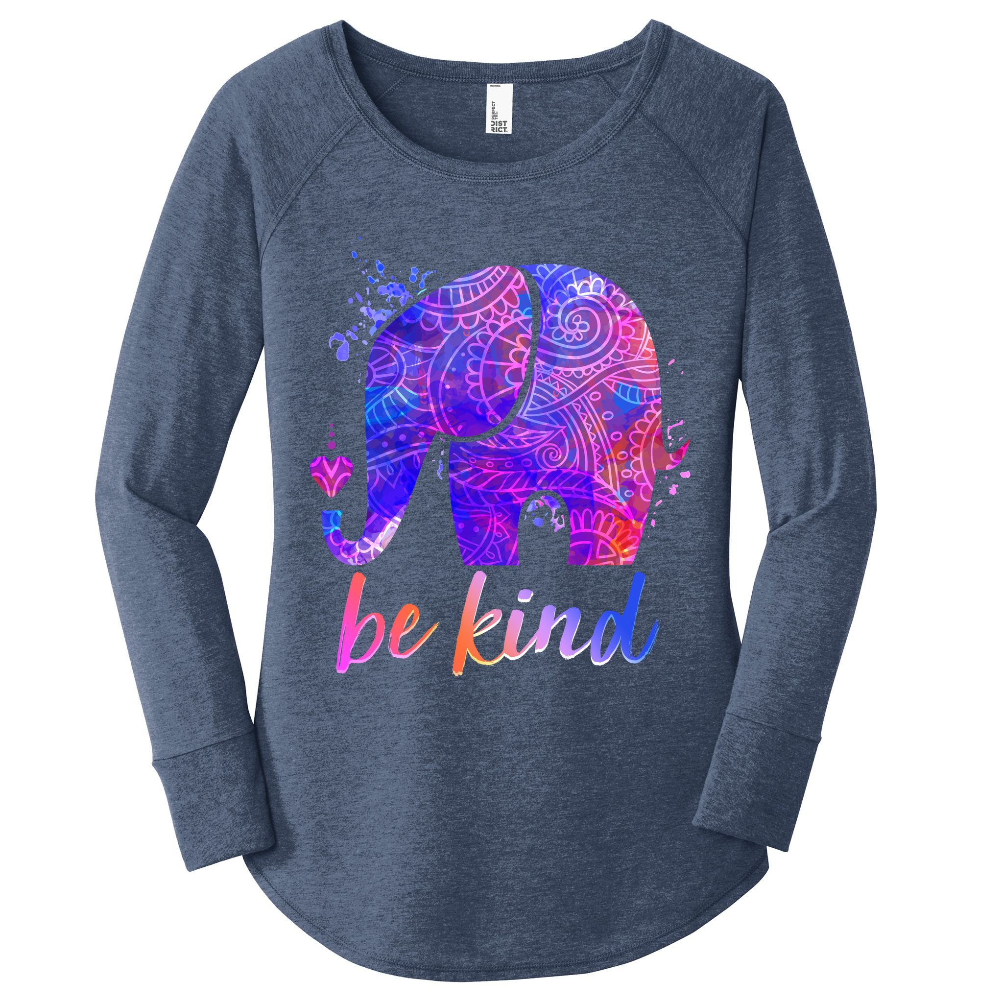 Be Kind Colorful Painted Elephant Women's Perfect Tri Tunic Long Sleeve Shirt