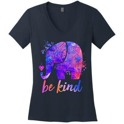 Be Kind Colorful Painted Elephant Women's V-Neck T-Shirt