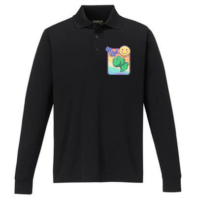 Be Kind Cute Happy TRex Dino Smiley Balloon Performance Long Sleeve Polo