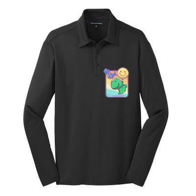 Be Kind Cute Happy TRex Dino Smiley Balloon Silk Touch Performance Long Sleeve Polo