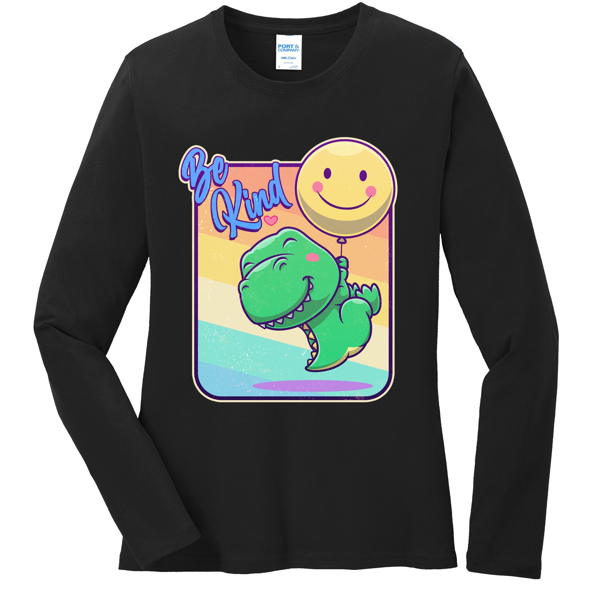 Be Kind Cute Happy TRex Dino Smiley Balloon Ladies Long Sleeve Shirt