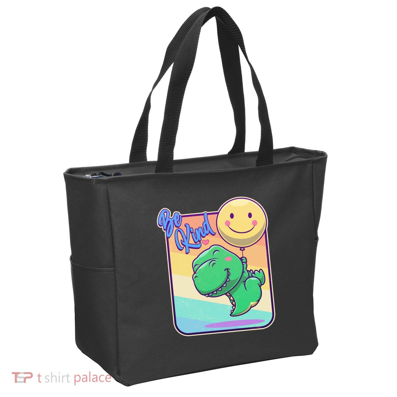 Be Kind Cute Happy TRex Dino Smiley Balloon Zip Tote Bag