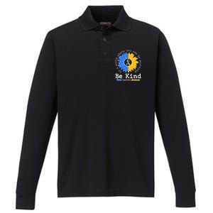 Be Kind Sunflower Ribbon Down Syndrome Awareness Performance Long Sleeve Polo