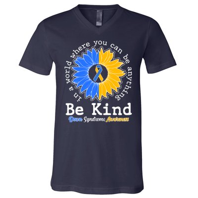 Be Kind Sunflower Ribbon Down Syndrome Awareness V-Neck T-Shirt