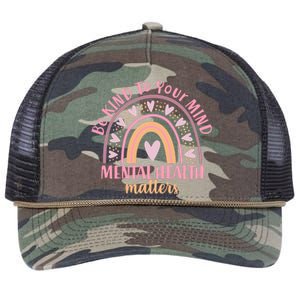 Be Kind To Your Mind Mental Health Matters Patten Rainbow Retro Rope Trucker Hat Cap