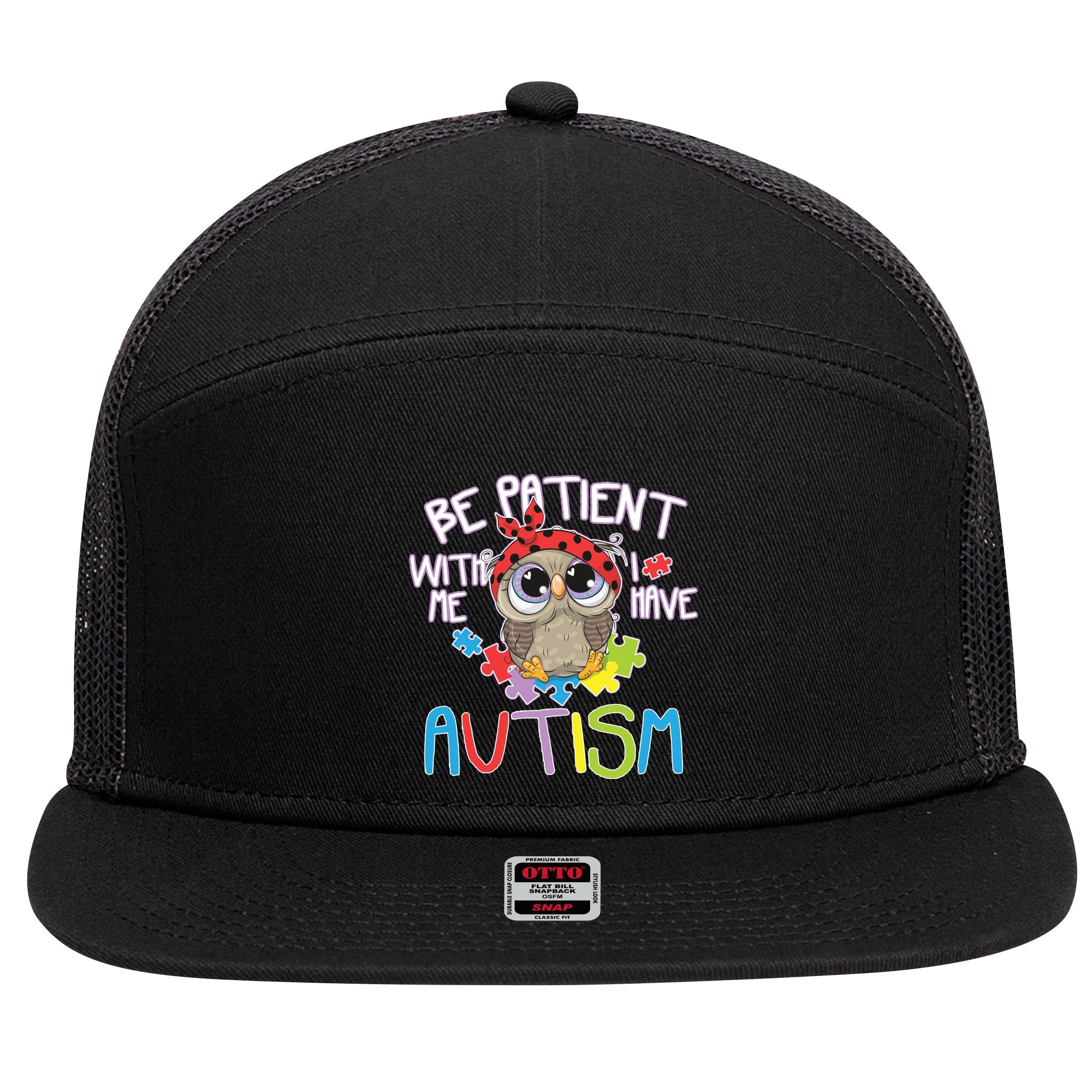 Be Patient With Me Autism Owl 7 Panel Mesh Trucker Snapback Hat