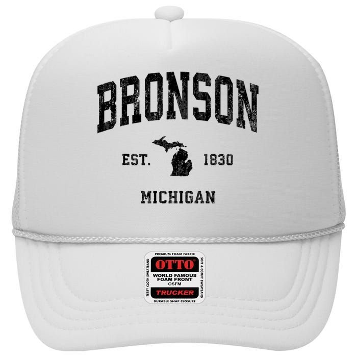 Bronson Est 1830 Michigan Mi Vintage Established Athletic Sports Design High Crown Mesh Back Trucker Hat