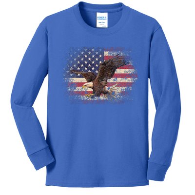 Bald Eagle 4th Of July Christmas Gift American Flag Kids Long Sleeve Shirt