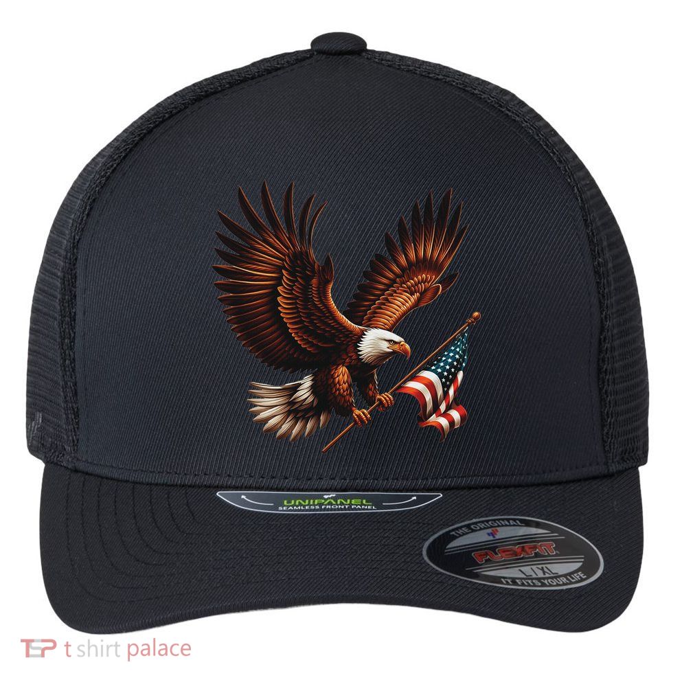 Bald Eagle American Flag 4th Of July Patriotic Man Woman Flexfit Unipanel Trucker Cap