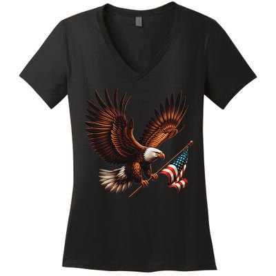 Bald Eagle American Flag 4th Of July Patriotic Man Woman Women's V-Neck T-Shirt