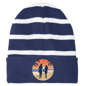 Beach Couple Striped Beanie with Solid Band