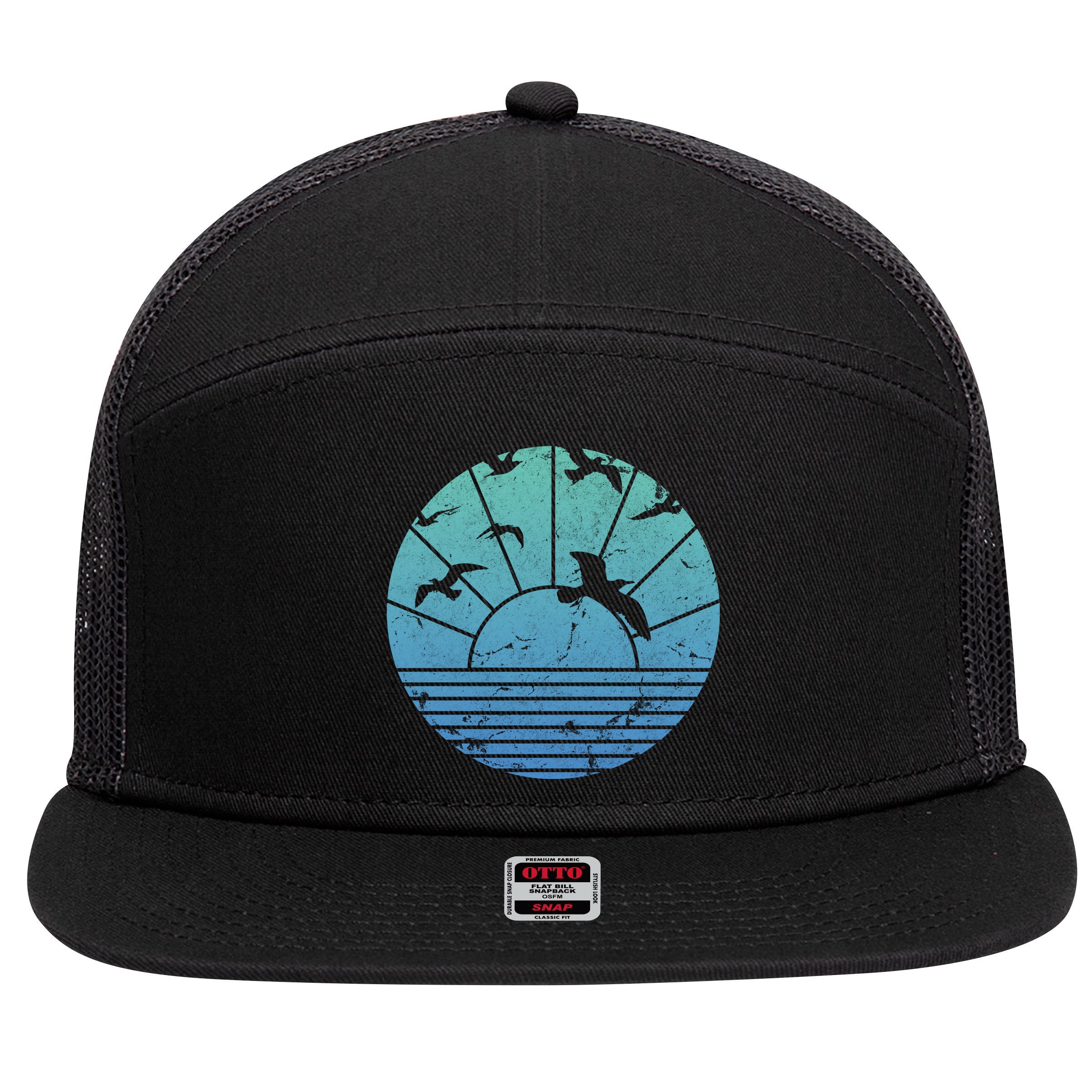 Beach Sunset Seagulls  7 Panel Mesh Trucker Snapback Hat