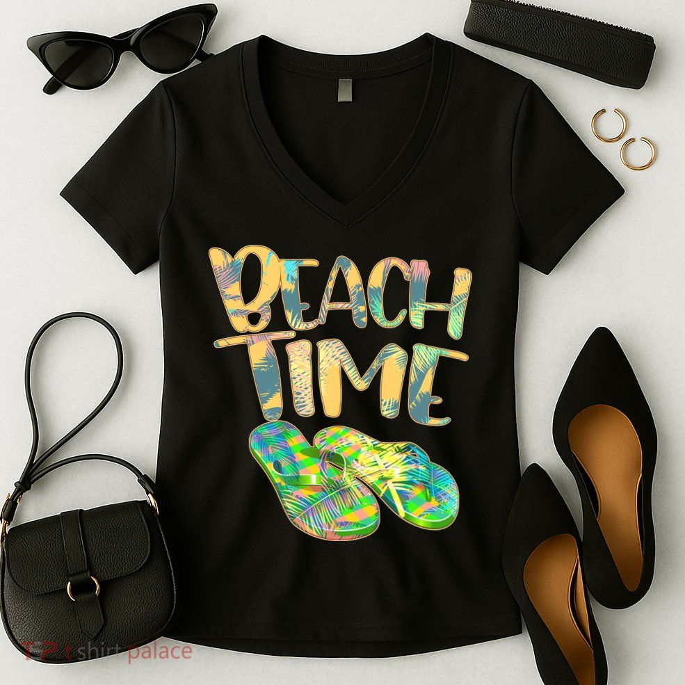 Beach Time Flip Flops Summer Fun Women's V-Neck T-Shirt
