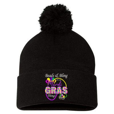 Beads and Bling it's a Mardi Gras Thing Pom Pom 12in Knit Beanie
