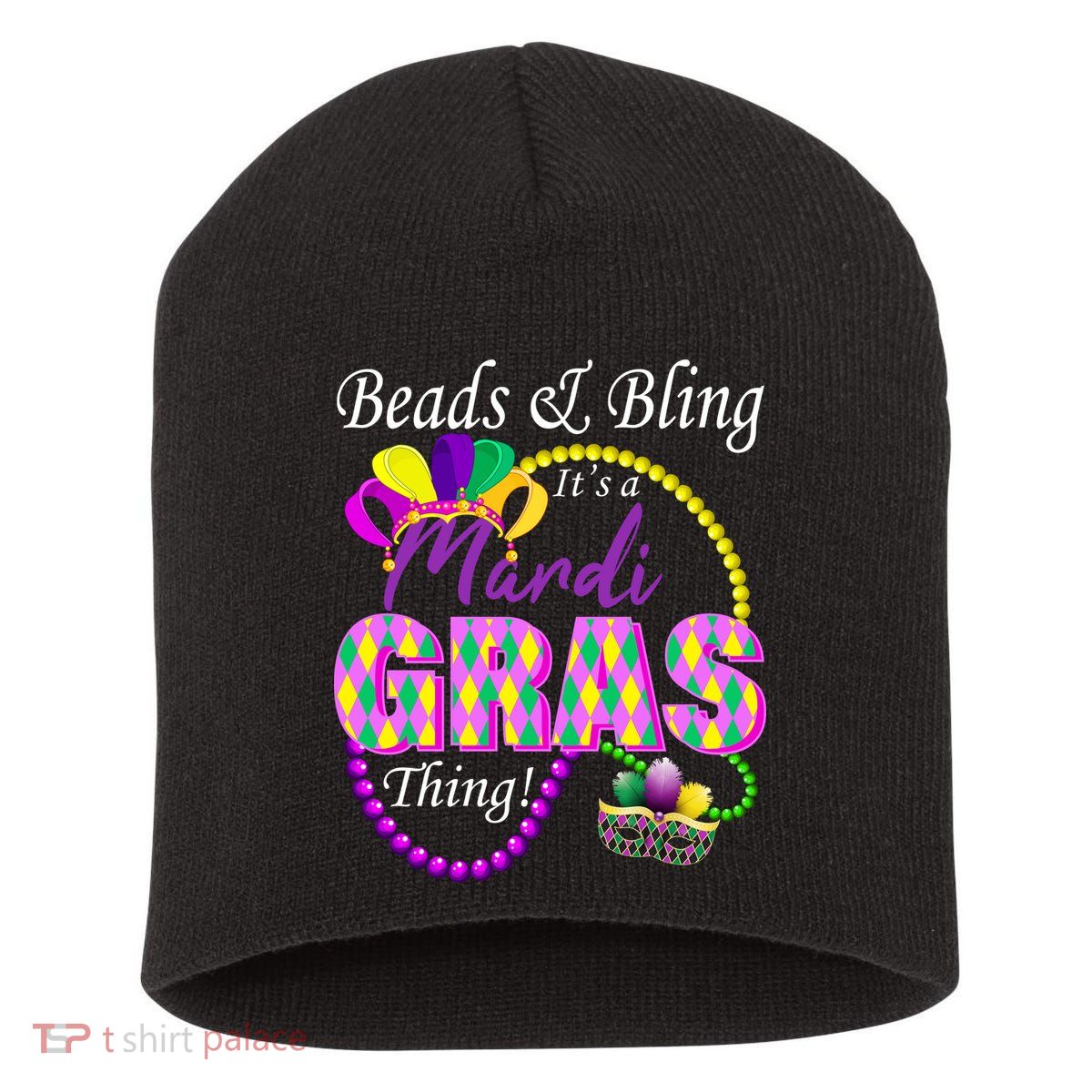Beads and Bling it's a Mardi Gras Thing Short Acrylic Beanie