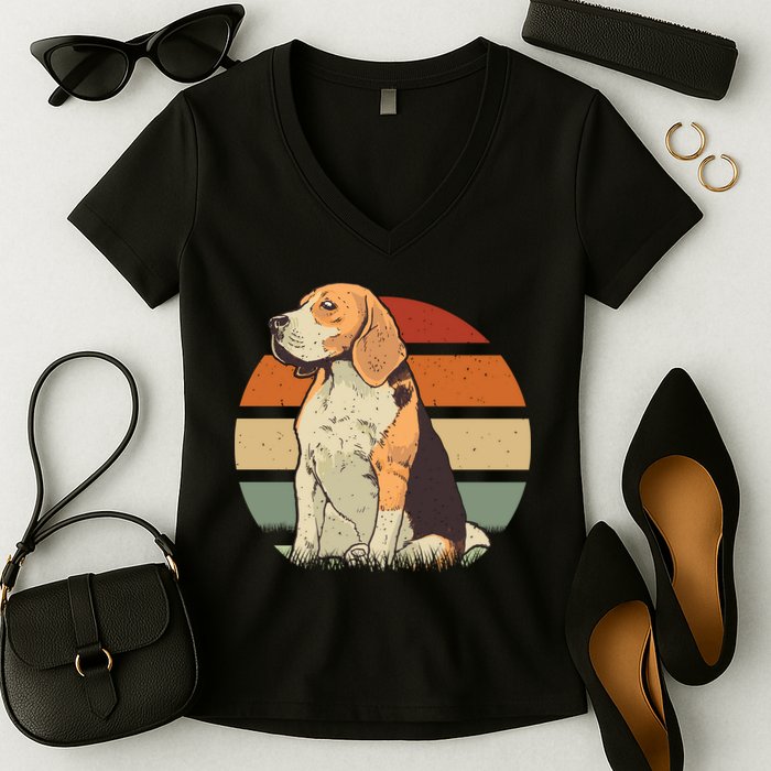 Beagle Retro Sunset Women's V-Neck T-Shirt
