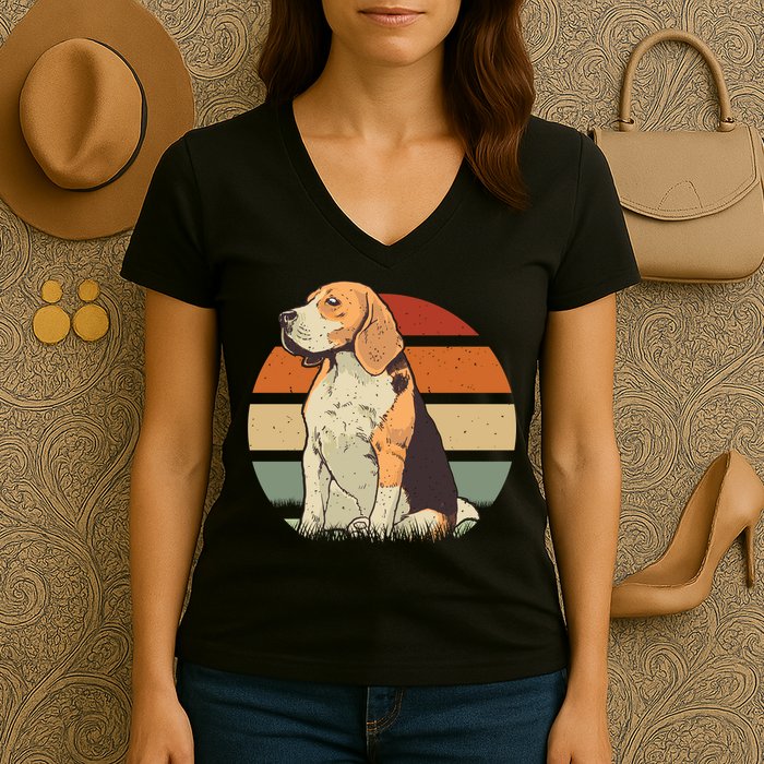 Beagle Retro Sunset Women's V-Neck T-Shirt