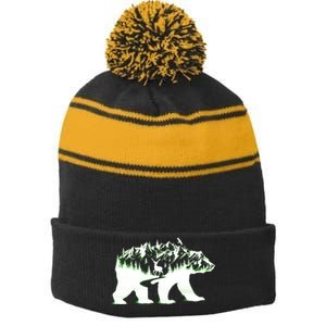 Bear Forest Deer Wilderness Mountains Stripe Pom Pom Beanie