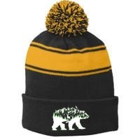 Bear Forest Deer Wilderness Mountains Stripe Pom Pom Beanie