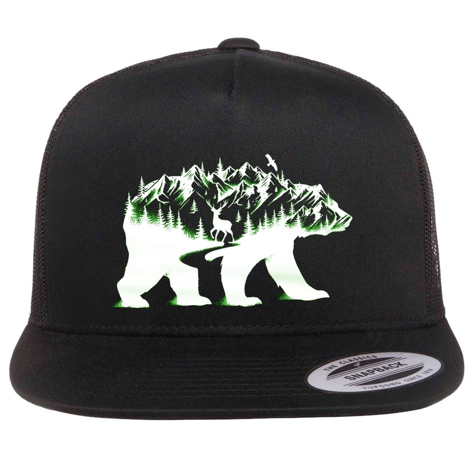 Bear Forest Deer Wilderness Mountains Flat Bill Trucker Hat