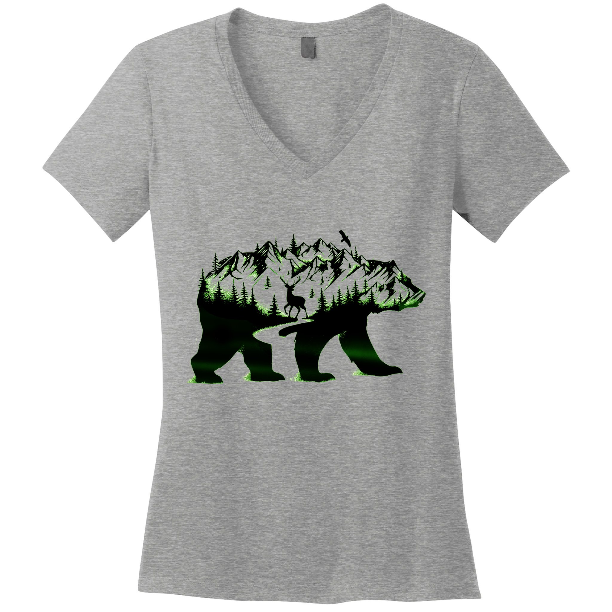 Bear Forest Deer Wilderness Mountains Women's V-Neck T-Shirt