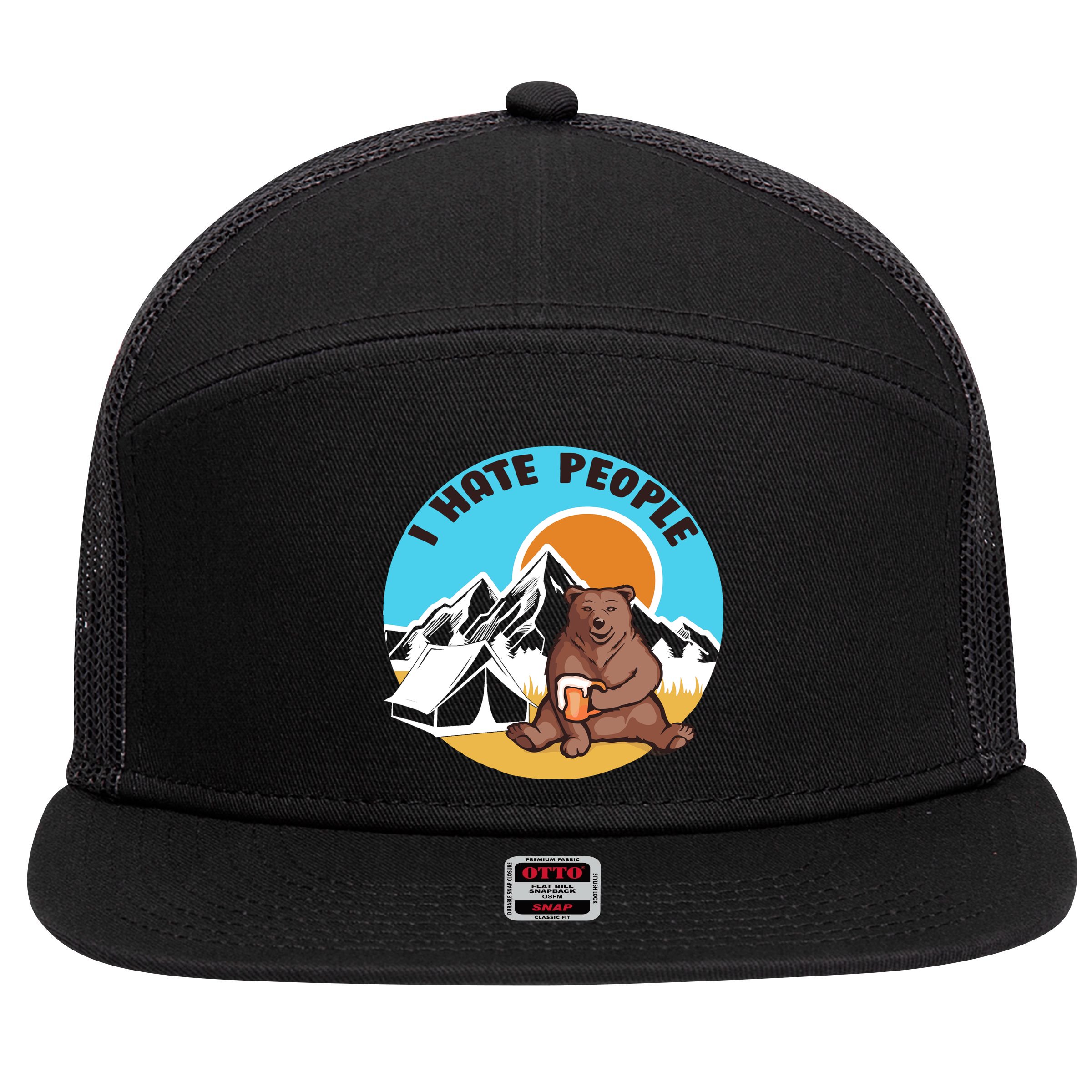 Bear Funny Camping I Hate People 7 Panel Mesh Trucker Snapback Hat