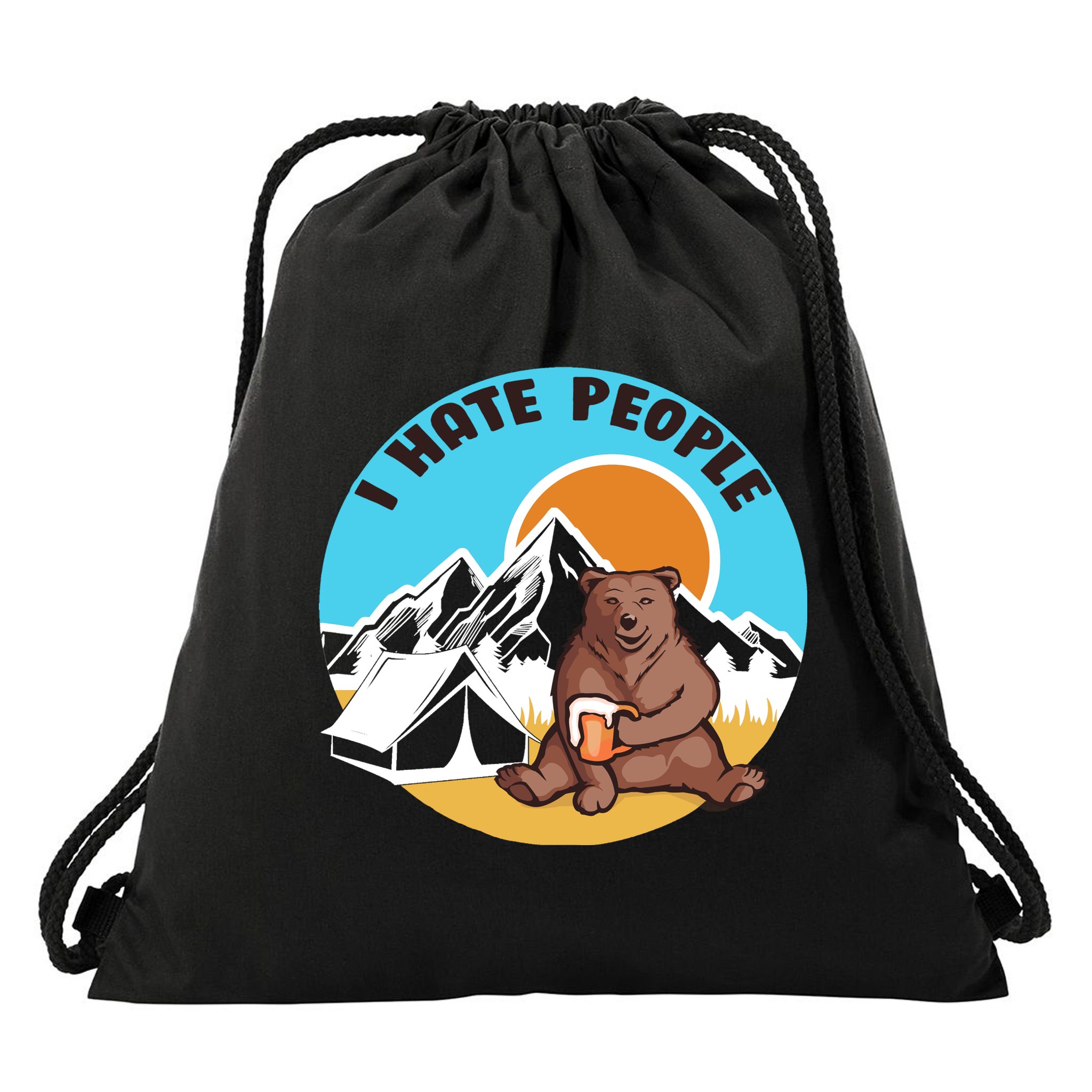 Bear Funny Camping I Hate People Drawstring Bag