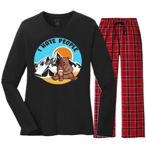 Bear Funny Camping I Hate People Women's Long Sleeve Flannel Pajama Set 