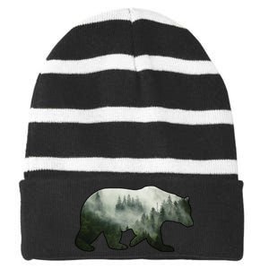 Bear Misty Forest Wilderness Striped Beanie with Solid Band