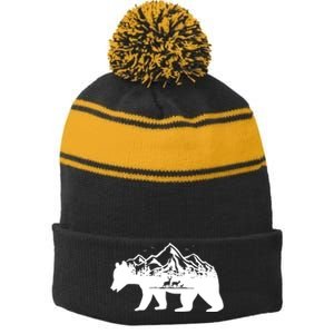 Bear Mountains With Deer Family Nature Fan Stripe Pom Pom Beanie