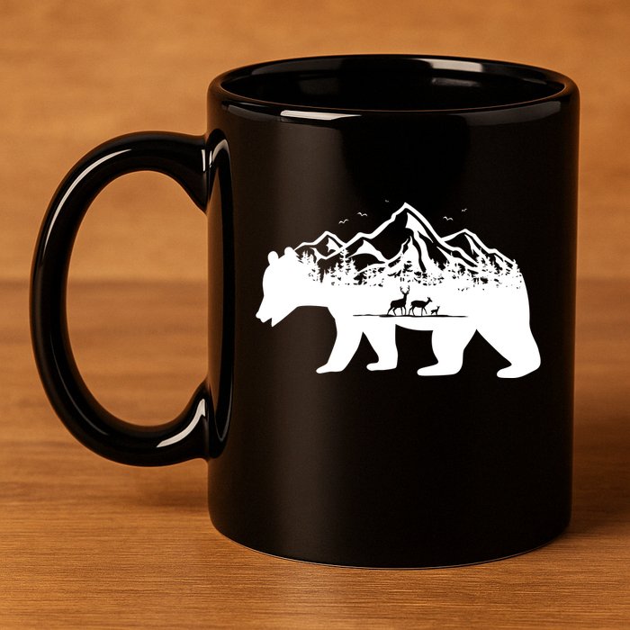 Bear Mountains With Deer Family Nature Fan 11oz C Handle Ceramic Mug