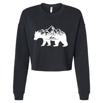 Bear Mountains With Deer Family Nature Fan Cropped Pullover Crew