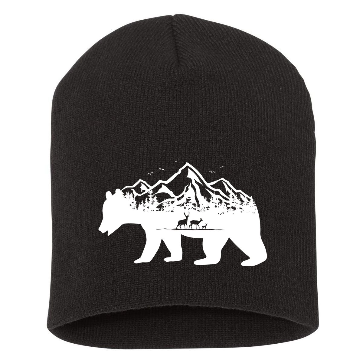 Bear Mountains With Deer Family Nature Fan Short Acrylic Beanie
