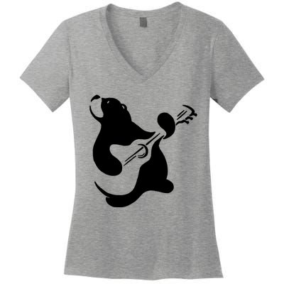 Bear Rocks Playing Guitar Women's V-Neck T-Shirt