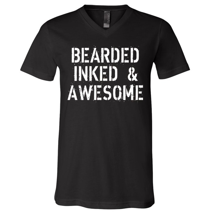 Bearded Inked & Awesome Beard Tattoo Logo V-Neck T-Shirt