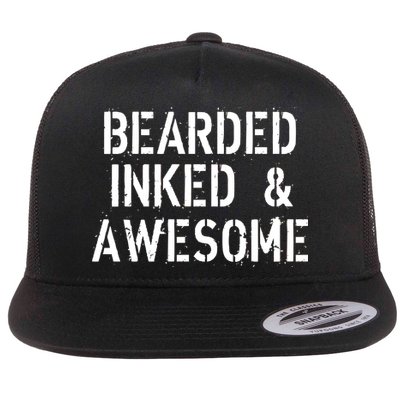 Bearded Inked & Awesome Beard Tattoo Logo Flat Bill Trucker Hat